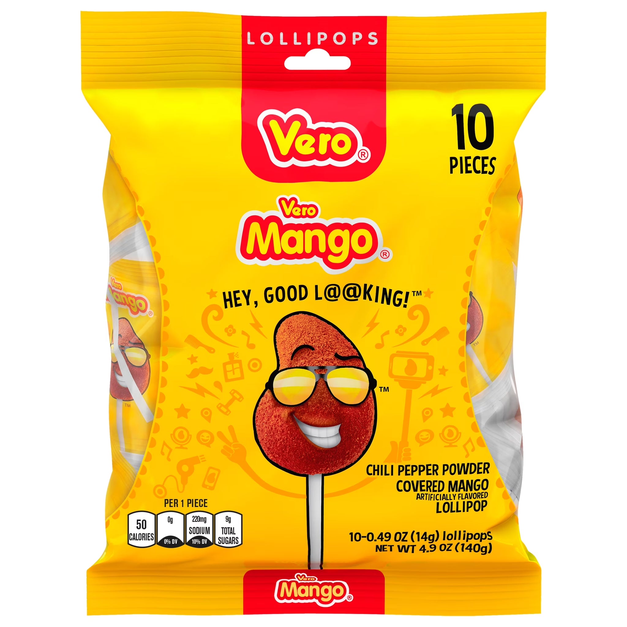 Dulces Vero Mango Candy Lollipops with Chili Pepper Powder, 10 Count Bag