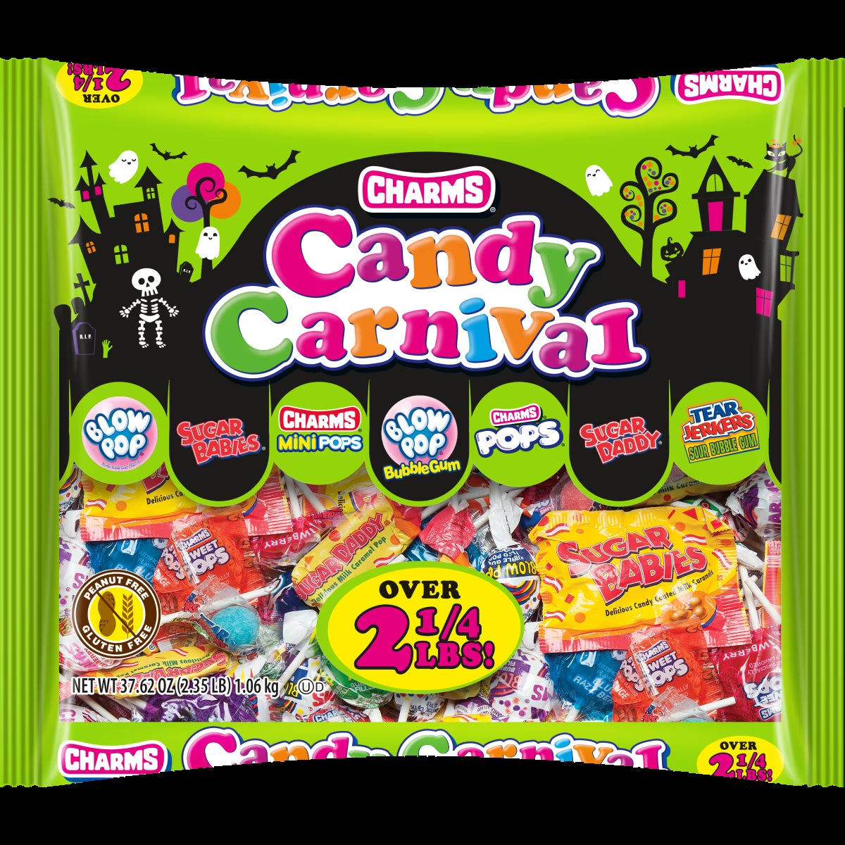 Charms Candy Carnival, Assorted Halloween Candy, Individually Wrapped, 37.62 Oz. Peanut Free, Gluten Free. Contains Milk and Soy.