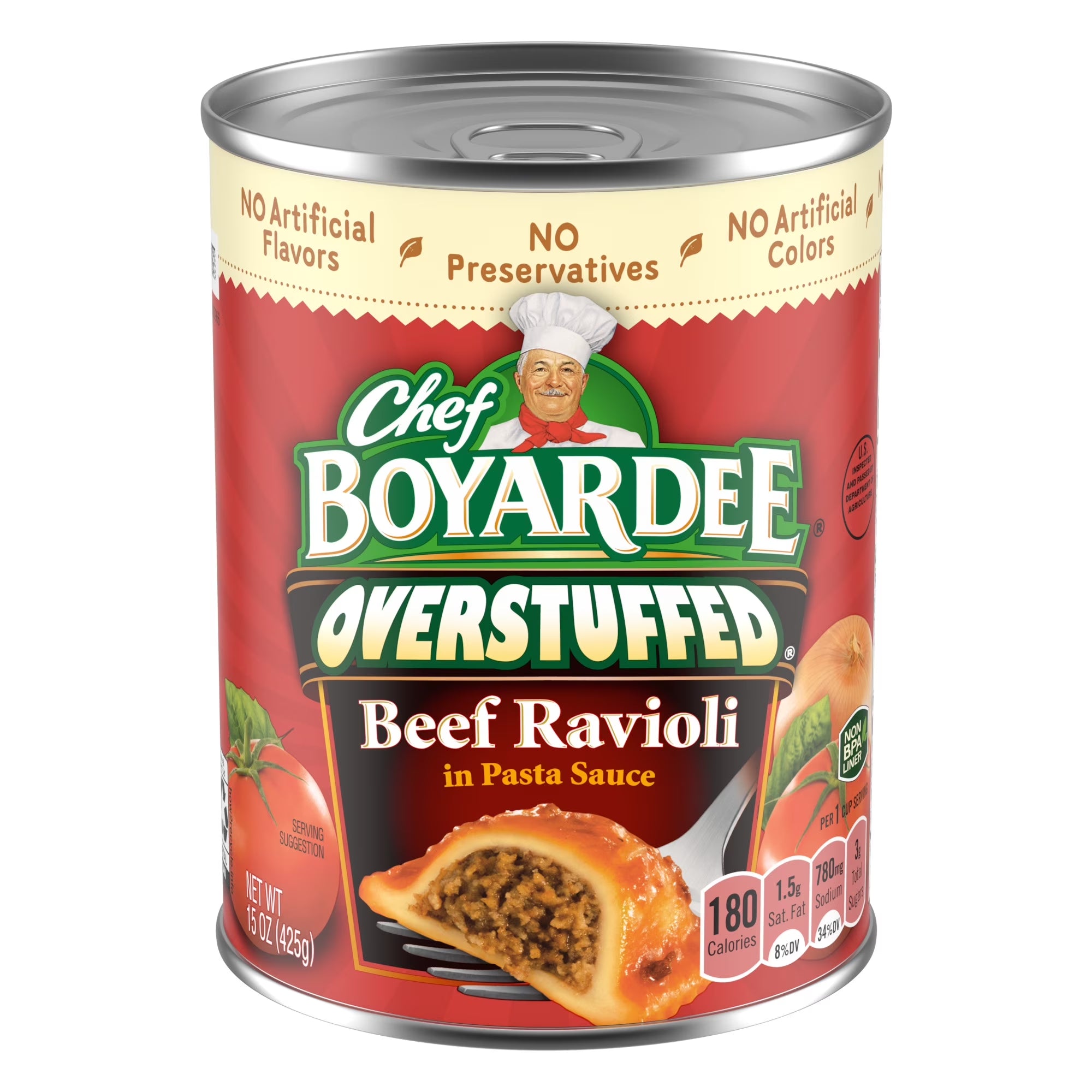 Chef Boyardee 15 Oz Overstuffed Beef Ravioli in Pasta Sauce, Ready-To-Eat Meal, 15 Oz. Can