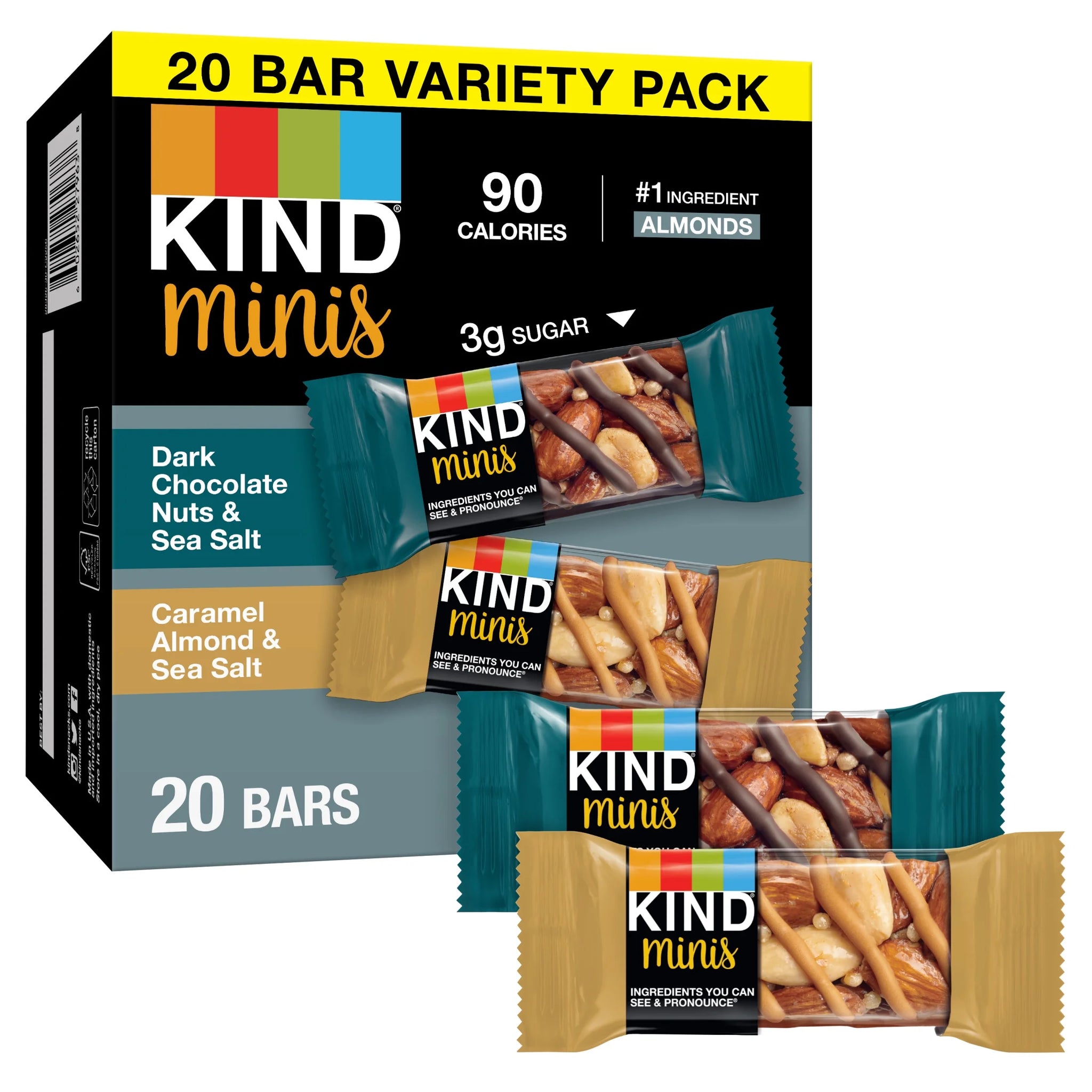KIND Minis 0.7 Oz, 20 CT Variety Pack Dark Chocolate Nuts & Sea Salt, Caramel Almond & Sea Salt, Variety Pack, 0.7 Oz, 20 Count Box