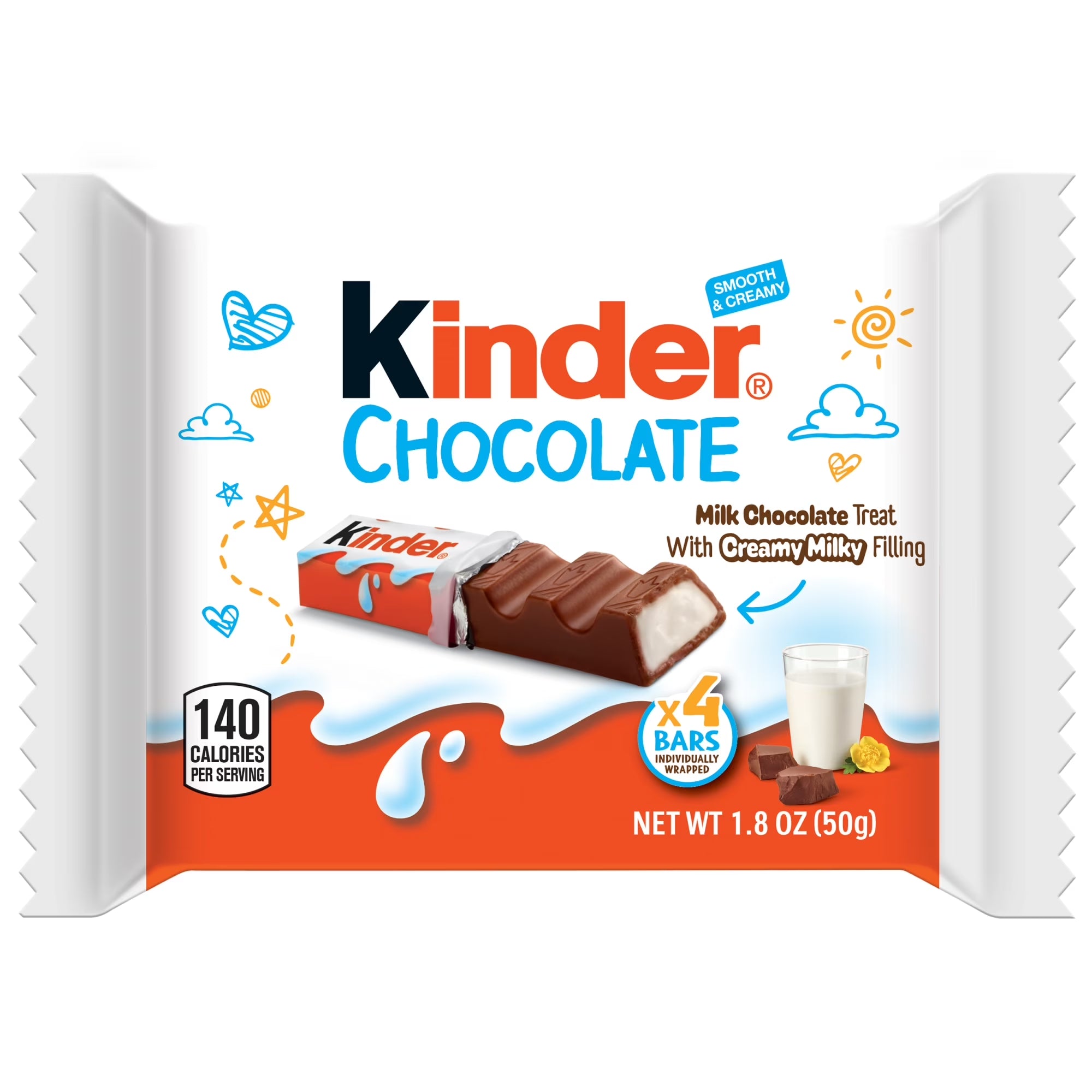 Kinder Chocolate, 4 Bars, Milk Chocolate Bar with Creamy Milky Filling, Individually Wrapped Candy, 1.8 Oz Total