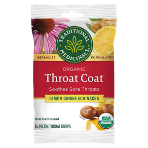 Traditional Medicinals Bundle: Organic Throat Coat Lemon Echinacea, Tea Bags, 16 Count and Organic Throat Coat Drops- Lemon Ginger Echinacea 16 Ct