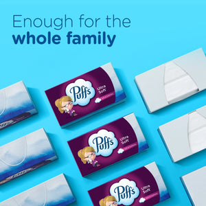 Puffs Ultra Soft Non-Lotion Facial Tissues, 3 Family Boxes, 124 Tissues per Box