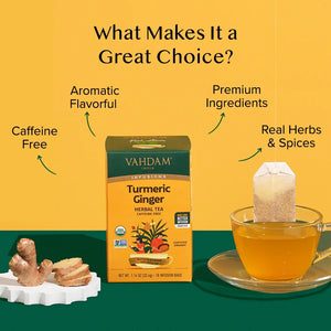 VAHDAM, Organic Turmeric Ginger Herbal Tea Bags (18 Count) Gluten-Free, Eco-Friendly Tea Bags