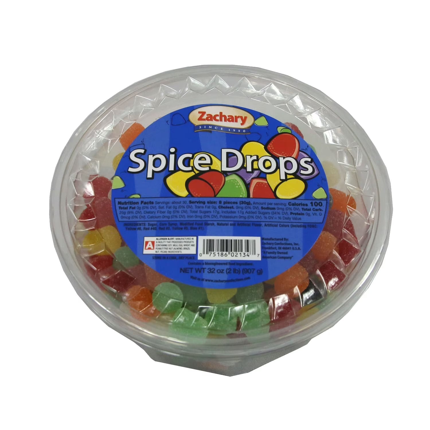 Zachary Spice Drops Tub 32 Oz. Jelly Candy Regular Size Pieces