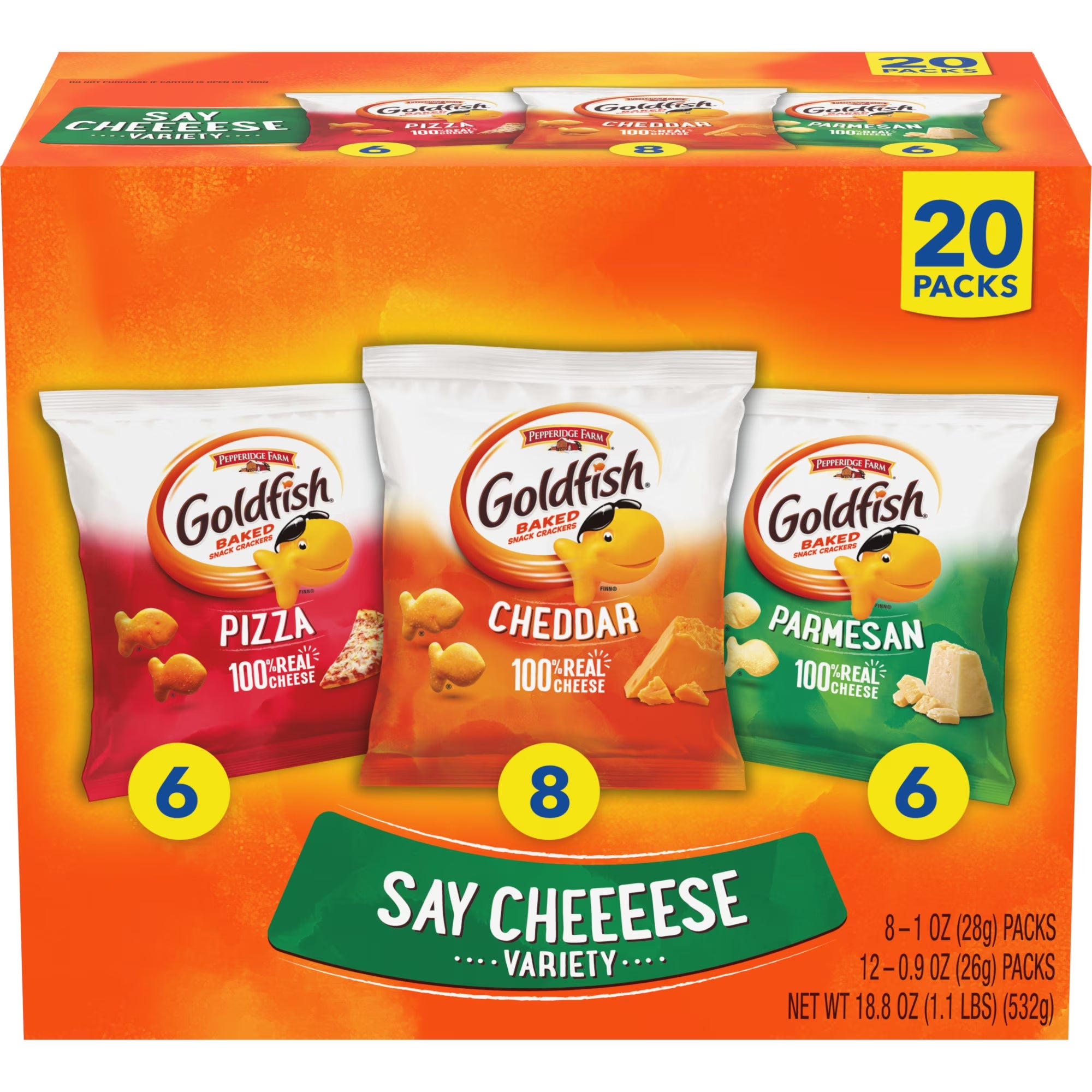 Goldfish Crackers 20CT Say Cheeeese Variety Pack with Cheddar, Pizza and Parmesan, Snack Packs, 20 Count