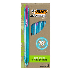 BIC Ecolutions Gel Pens, Ocean-Bound Recycled Plastic, 12-Count Pack, Assorted