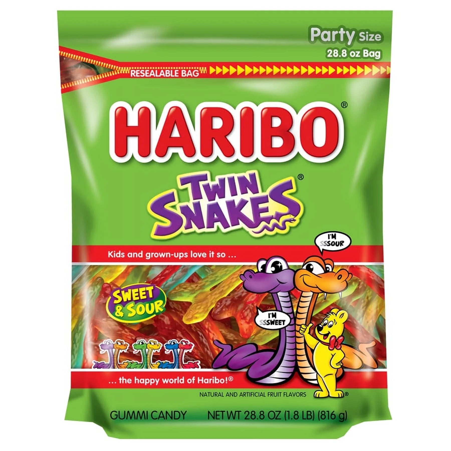 HARIBO Twin Snakes Gummies Original Sweet and Sour Assorted Fruit Flavor Gummy Candy, 28.8 Oz, Bulk Party Size Bag