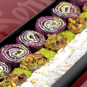 Sultan Bohça Baklava & Double Roasted Turkish Delight Burgundy Box - Mixed Luxury Turkish Delight, Eid and Gift Sweets - 1.76 Lb X 3 Packet