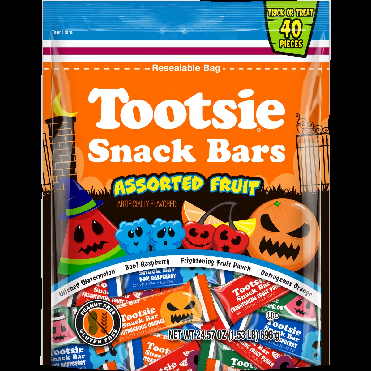 Tootsie Roll, Snack Bars, Assorted Fruit Flavors, 24.5 Oz, 40 Piece Bag. Gluten Free, Peanut Free. Contains Milk and Soy.