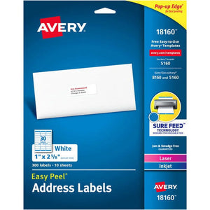 Avery Easy Peel Address Labels - Sure Feed Technology 1" Height X 2.63" Width - Rectangle - Laser, Inkjet - White - Paper - 30 / Sheet - 300 Total Label(S) - 300 / Pack