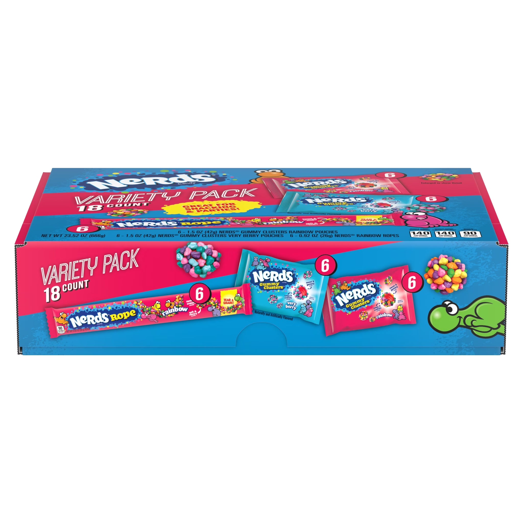 NERDS Gummy Clusters and Nerds Rope Candy Variety Pack, Individually Wrapped, 18 Count, 23.52 Oz Box