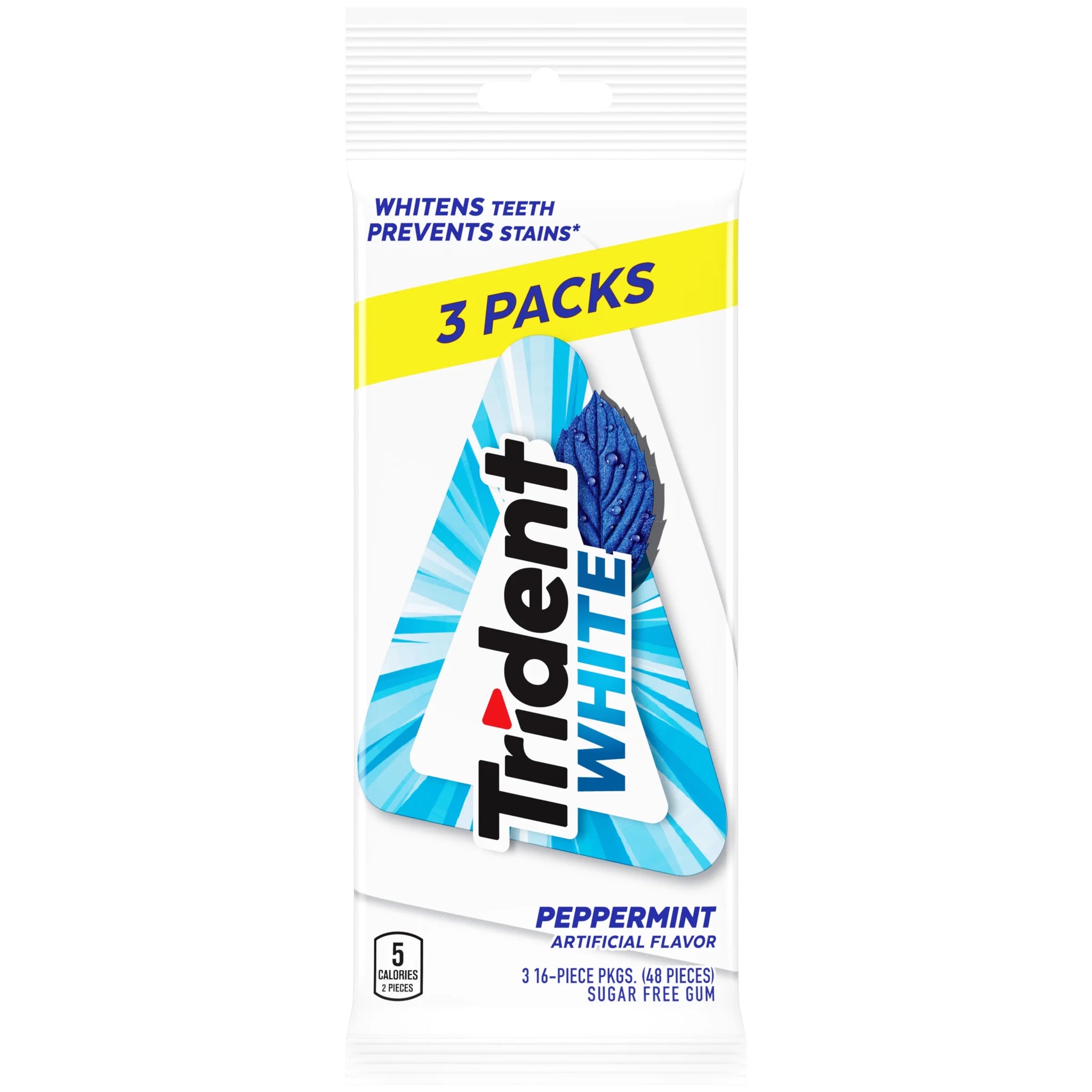 Trident White Sugar Free Gum, Peppermint Flavor, 3 Packs of 16 Pieces (48 Pieces Total)
