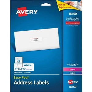 Avery Easy Peel Address Labels - Sure Feed Technology 1" Height X 2.63" Width - Rectangle - Laser, Inkjet - White - Paper - 30 / Sheet - 300 Total Label(S) - 300 / Pack