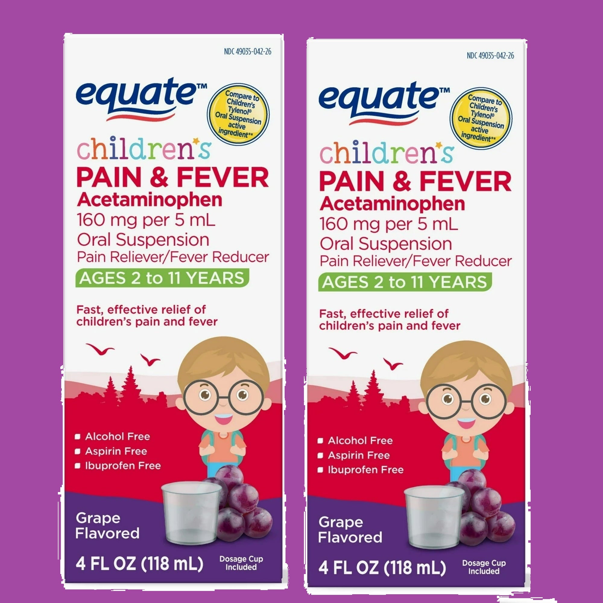 2 Packs Children's Acetaminophen Ages 2-11 Pain + Fever Medicine Grape Flavor, 4 fl. oz. Each | Compare to Children's Tylenol Active Ingredients