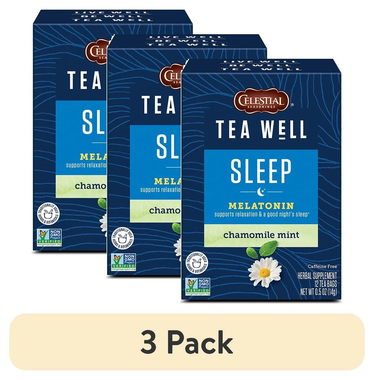 (3 Pack) Celestial Seasonings Teawell Sleep Melatonin Chamomile Mint Wellness Herbal Tea Bags, 12 Count