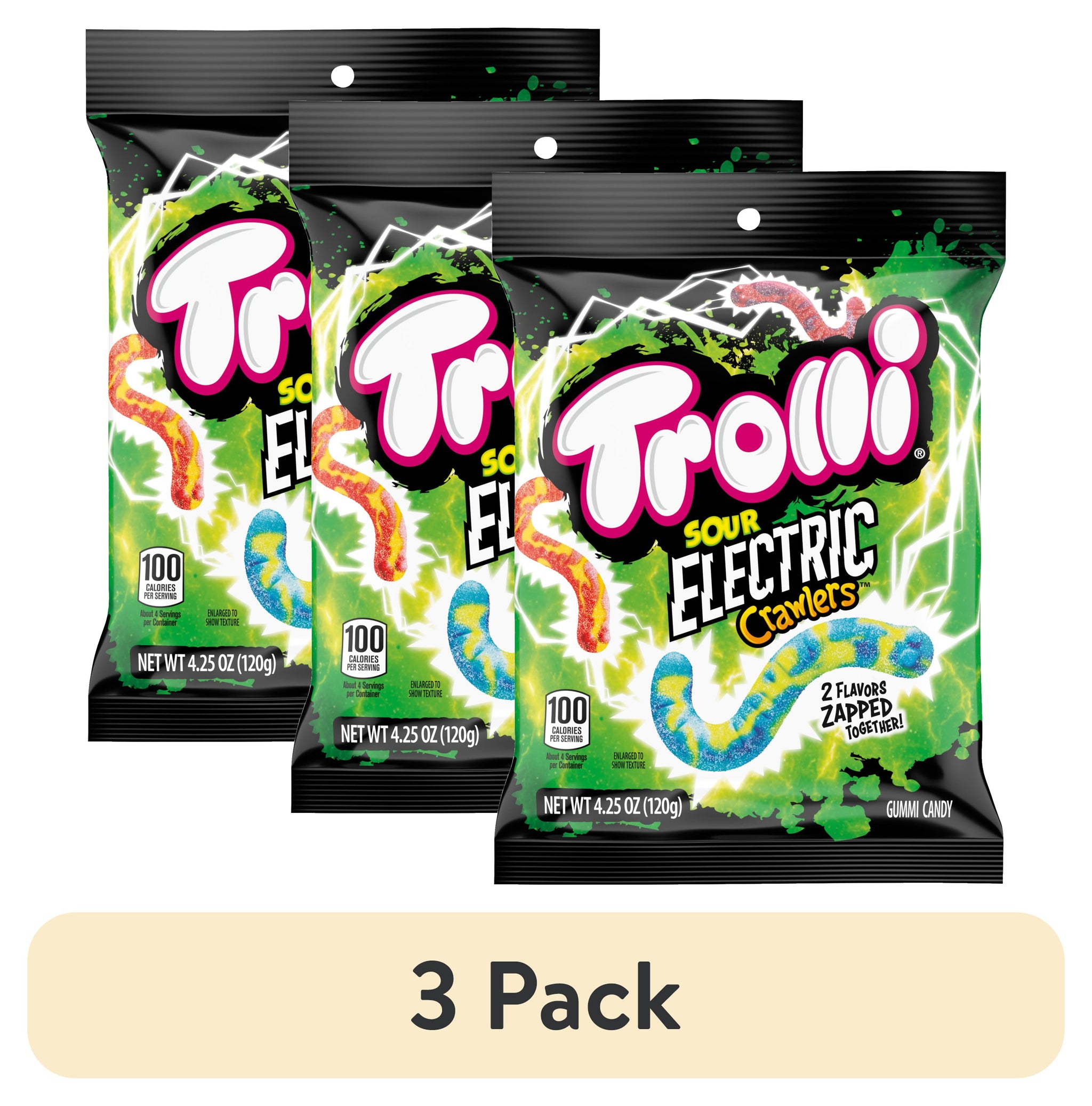 (3 Pack) Trolli Sour Electric Crawlers Gummy Candy, Sour Gummy Worms, 4.25 Ounce Bag