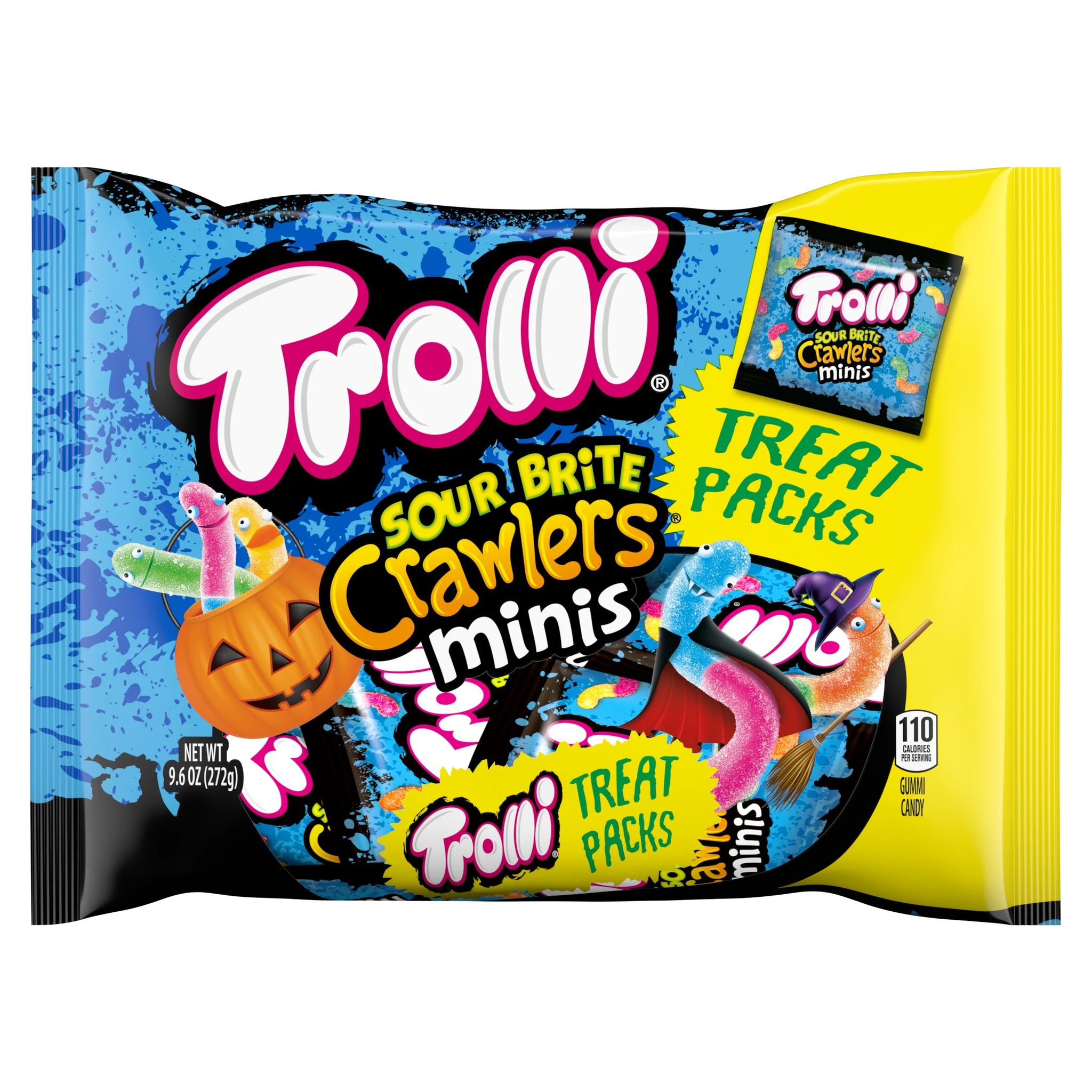 Trolli Mini Sour Brite Crawlers, Halloween Sour Candy Treat Sized, Trick-Or-Treating and Fall Parties, 9.6 Oz Bag, 16 Count