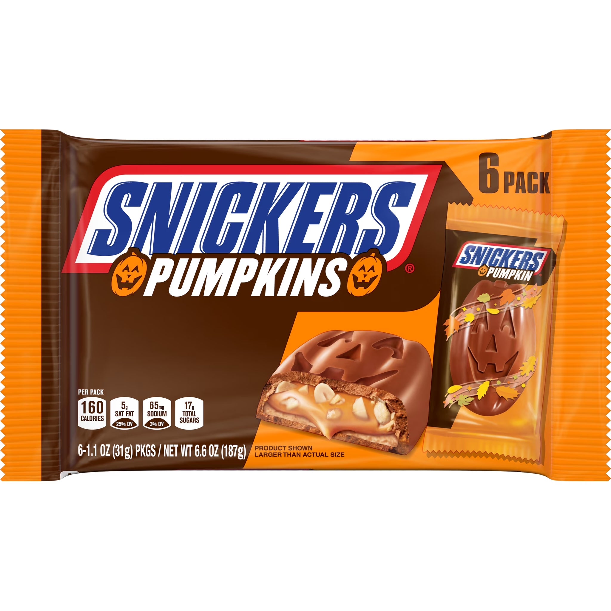 Snickers Pumpkin Milk Chocolate Halloween Candy Bulk Pack of 6, 1.1 Oz