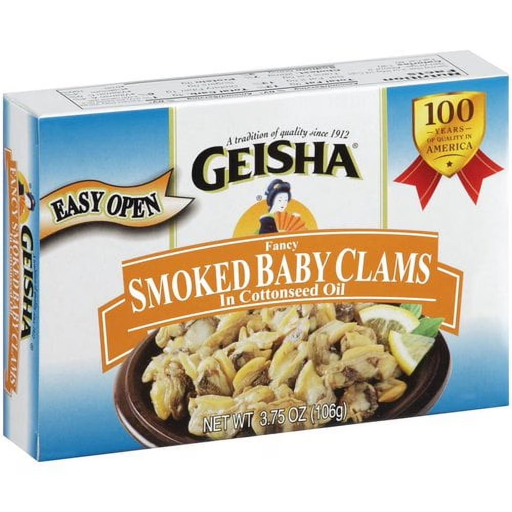 Geisha Canned Smoked Baby Clams, in Sunflower Oil, 3.75 Oz (106G), Ready to Eat in an Easy Open Can