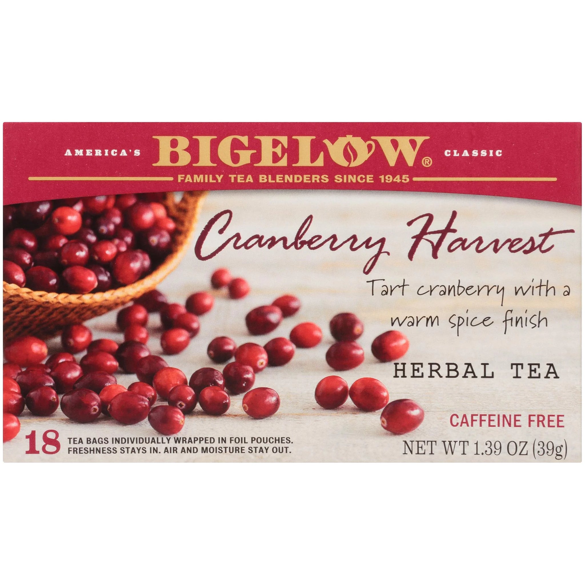 Bigelow Cranberry Harvest Seasonal Tea, Caffeine Free, Herbal Tea Bags, 18 Count