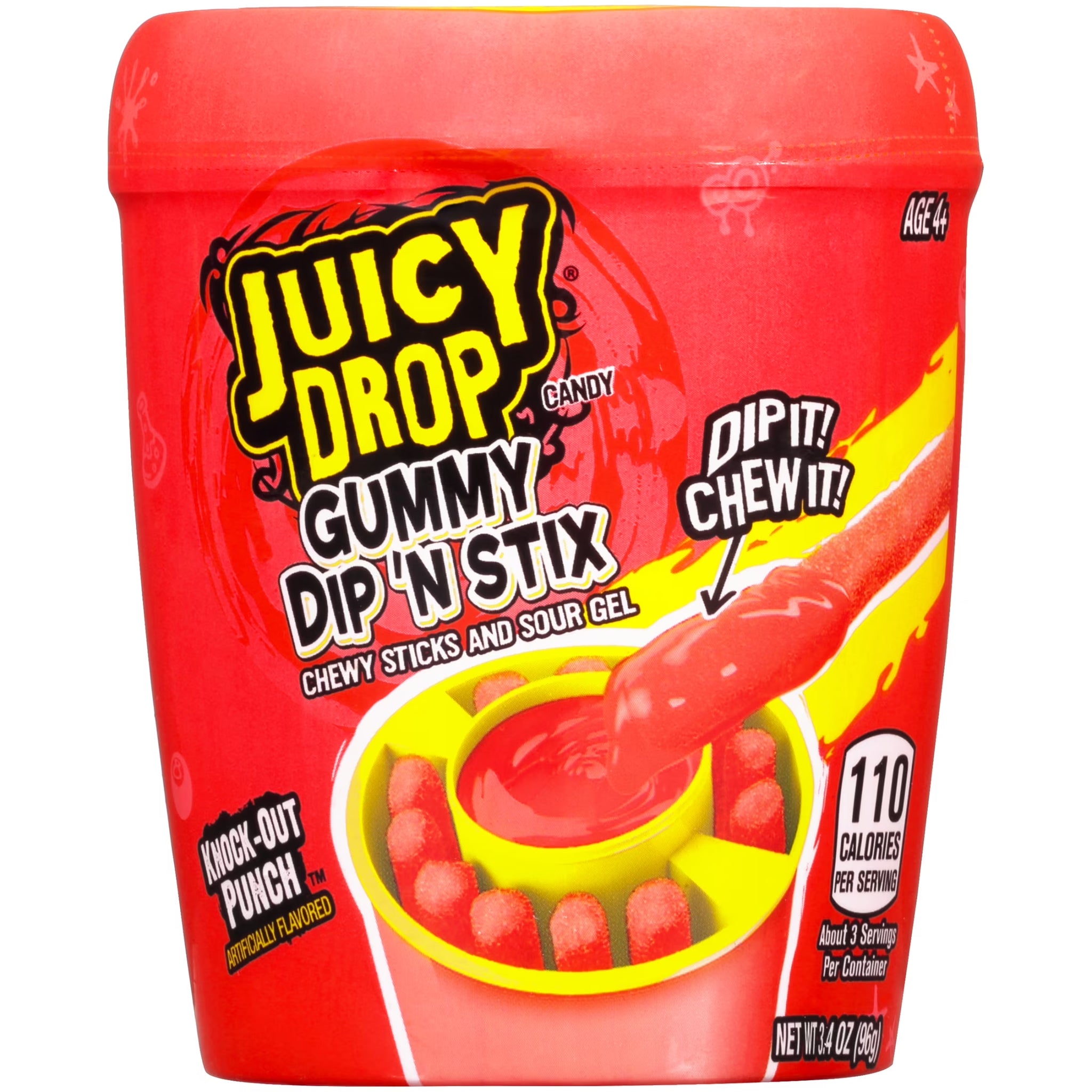 Juicy Drop Gummies Dip N Stix, Gluten-Free, Gummy Candy, Assorted Flavors, Regular Size 3.4 Oz, 1 Canister