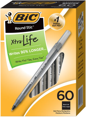 BIC round Stic Xtra Life Ball Pen, Medium Point (1.0 Mm), Black, 60-Count
