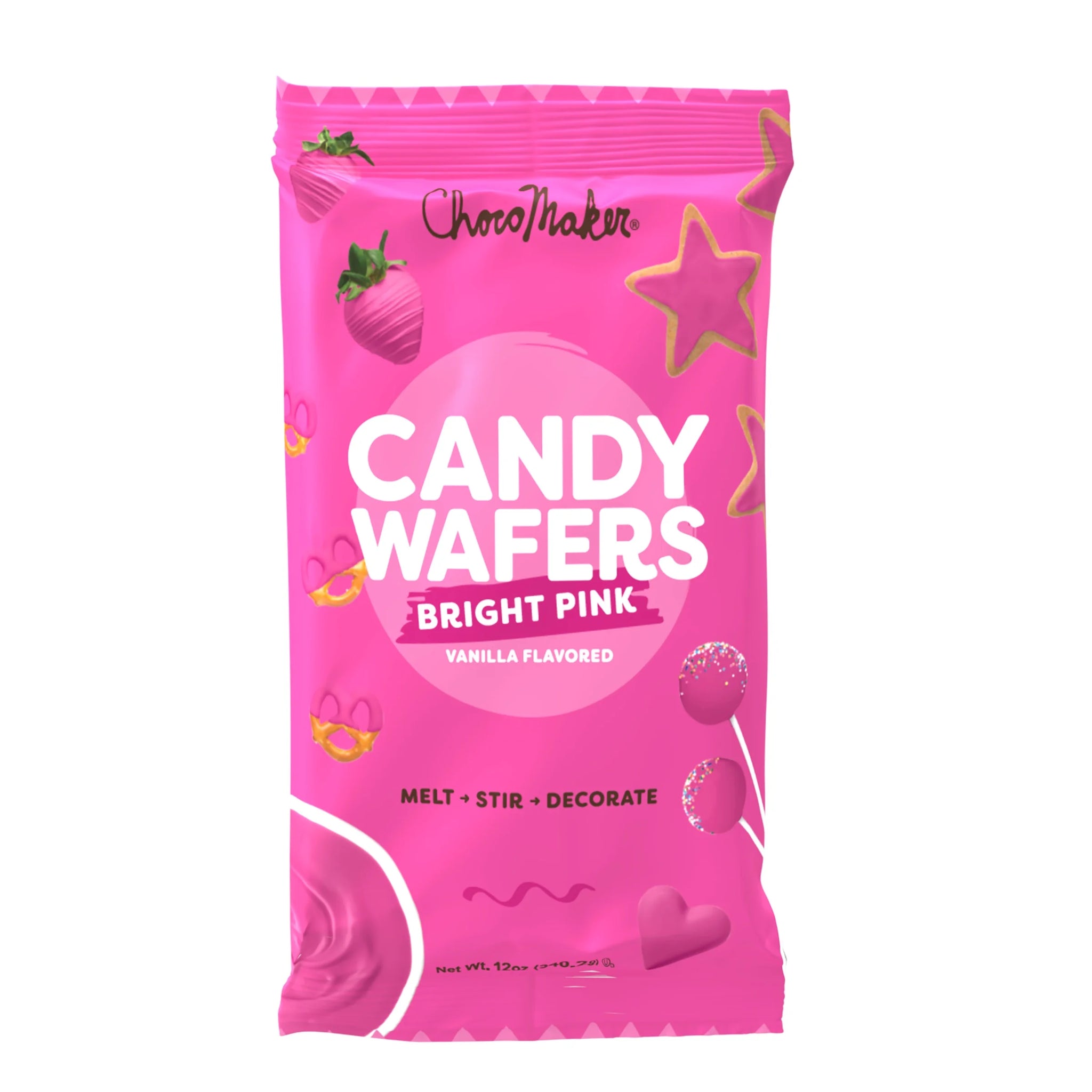 Chocomaker 12Oz GF Bright Pink Vanilla Flavored Candy Wafers 12Oz, Gluten Free, Wheat Free