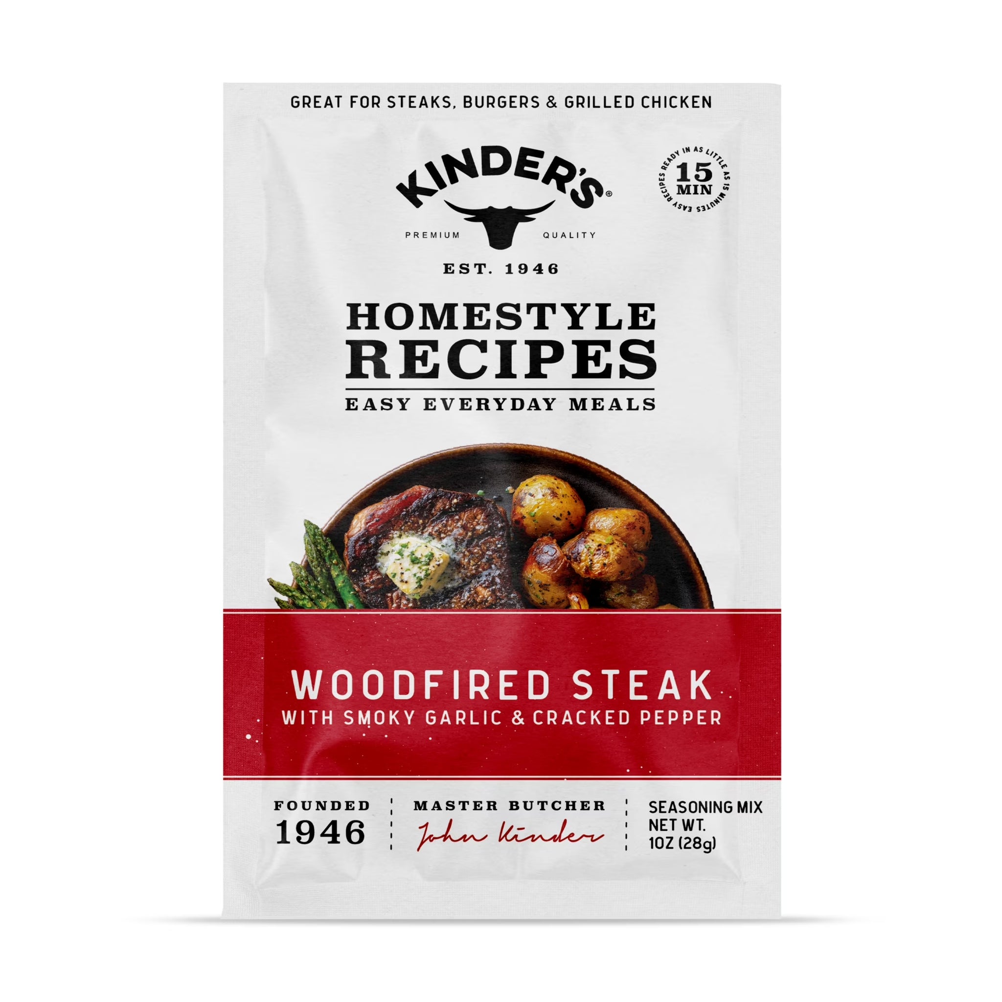 Kinder'S Woodfired Steak Seasoning Blend with Smoky Garlic and Cracked Pepper, 1 Oz Packet