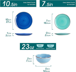 Bonita Dinnerware Set Blue Stoneware 12 Pieces Service for 4, Handpainted Spirals Pattern Stoneware Plates and Bowls Set