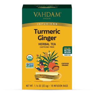 VAHDAM, Organic Turmeric Ginger Herbal Tea Bags (18 Count) Gluten-Free, Eco-Friendly Tea Bags