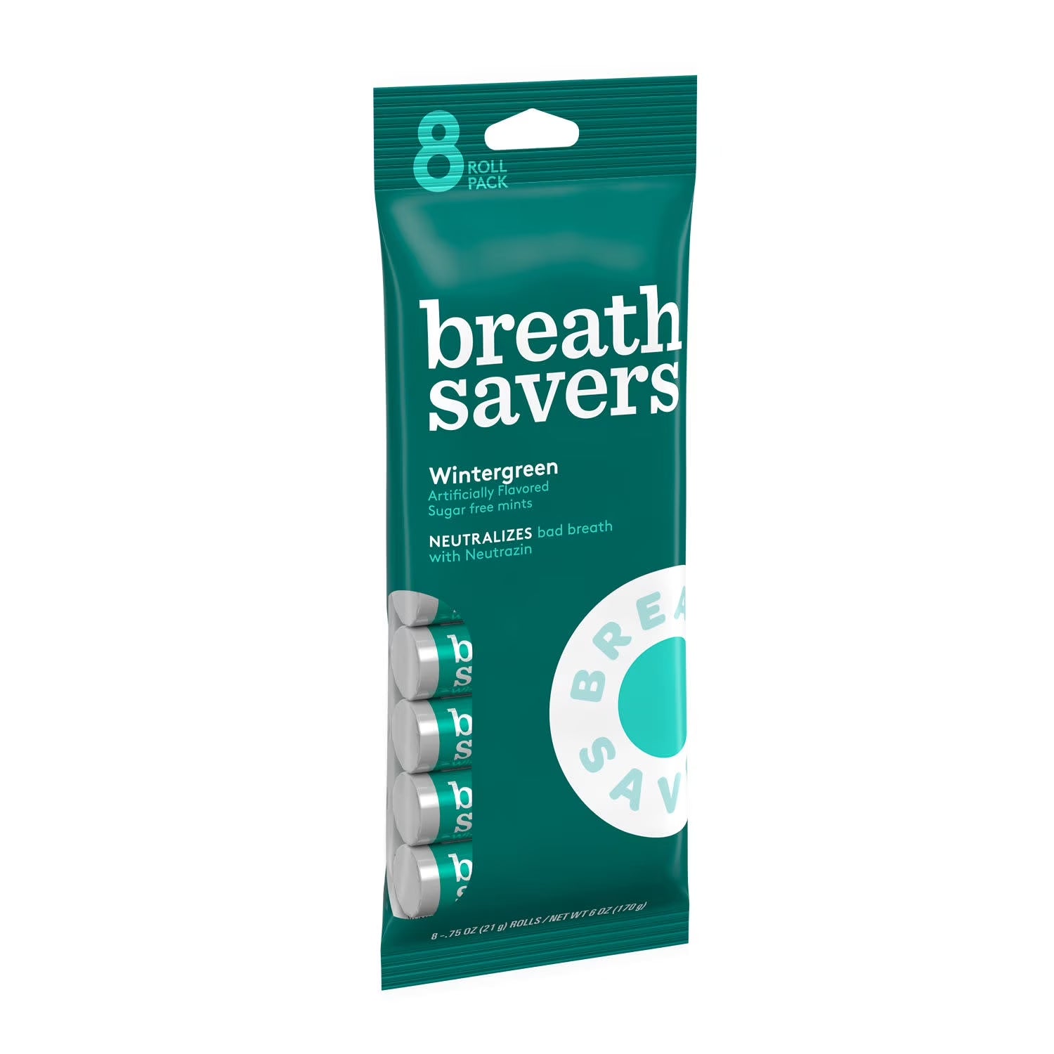 Breath Savers Wintergreen Flavored Sugar Free Breath Mints, Rolls 0.75 Oz, 8 Count