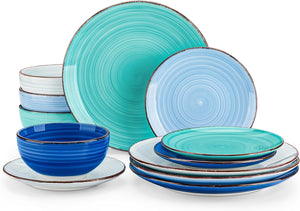 Bonita Dinnerware Set Blue, Stoneware 12 Pieces Service for 4, Handpainted Spirals Pattern Stoneware Plates and Bowls Set
