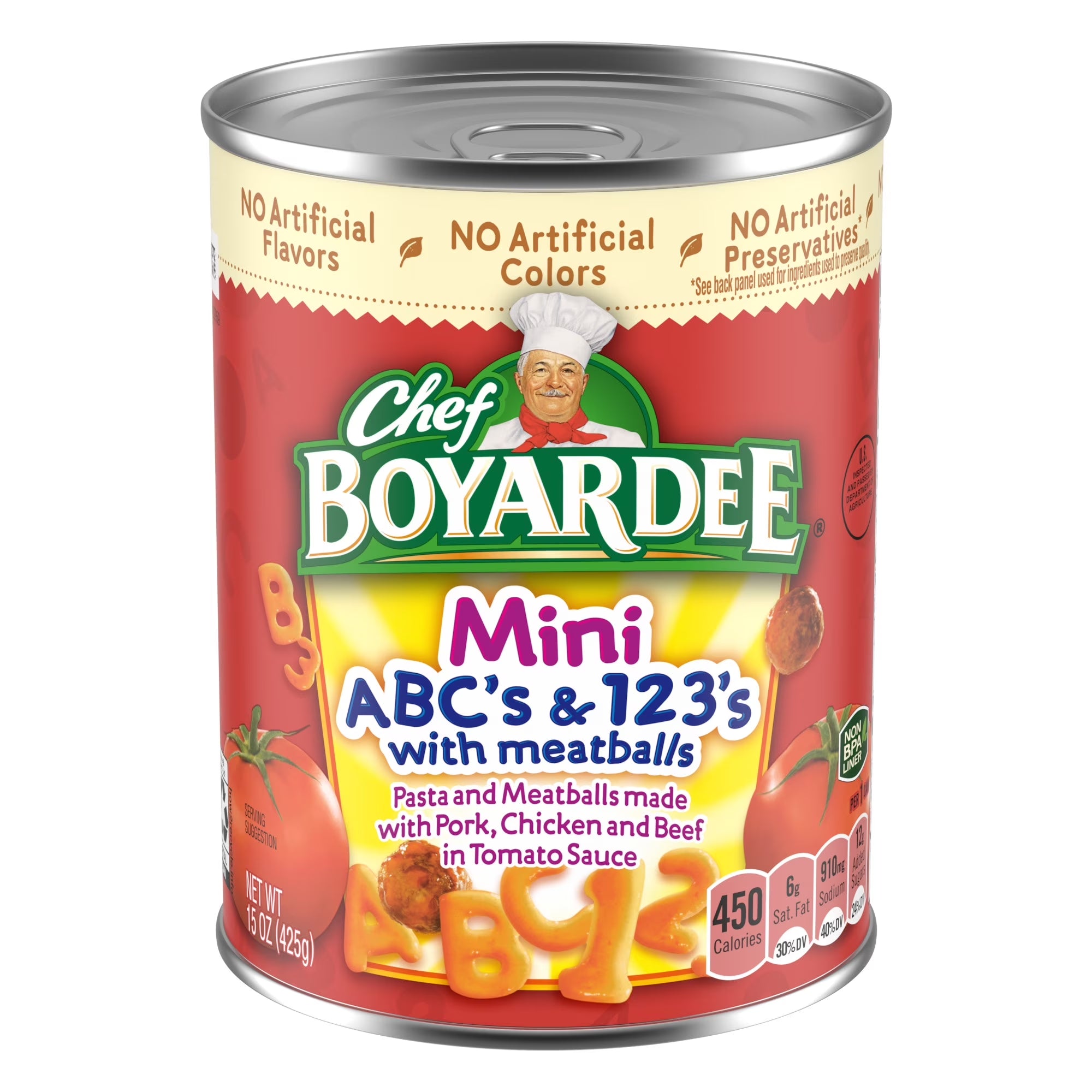 Chef Boyardee 15 Oz Mini Abc'S and 123'S with Meatballs in Tomato Sauce, Ready-To-Eat Meal, 15 Oz. Can
