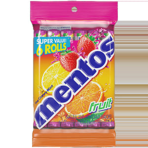 Mentos Chewy Breath Mints Candy Roll, Fruit, Nut Free, Regular Size, 1.32 Oz, 6 Count