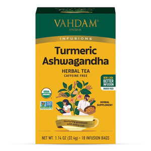 VAHDAM, Organic Turmeric Ashwagandha Herbal Tea Bags (18 Count) Caffeine Free, Eco-Friendly Tea Bags