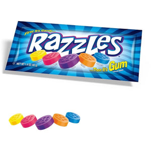 Razzles Classic Candy Gum 1.4 Oz Pouch. Peanut Free and Gluten Free. Soy May Be Present.