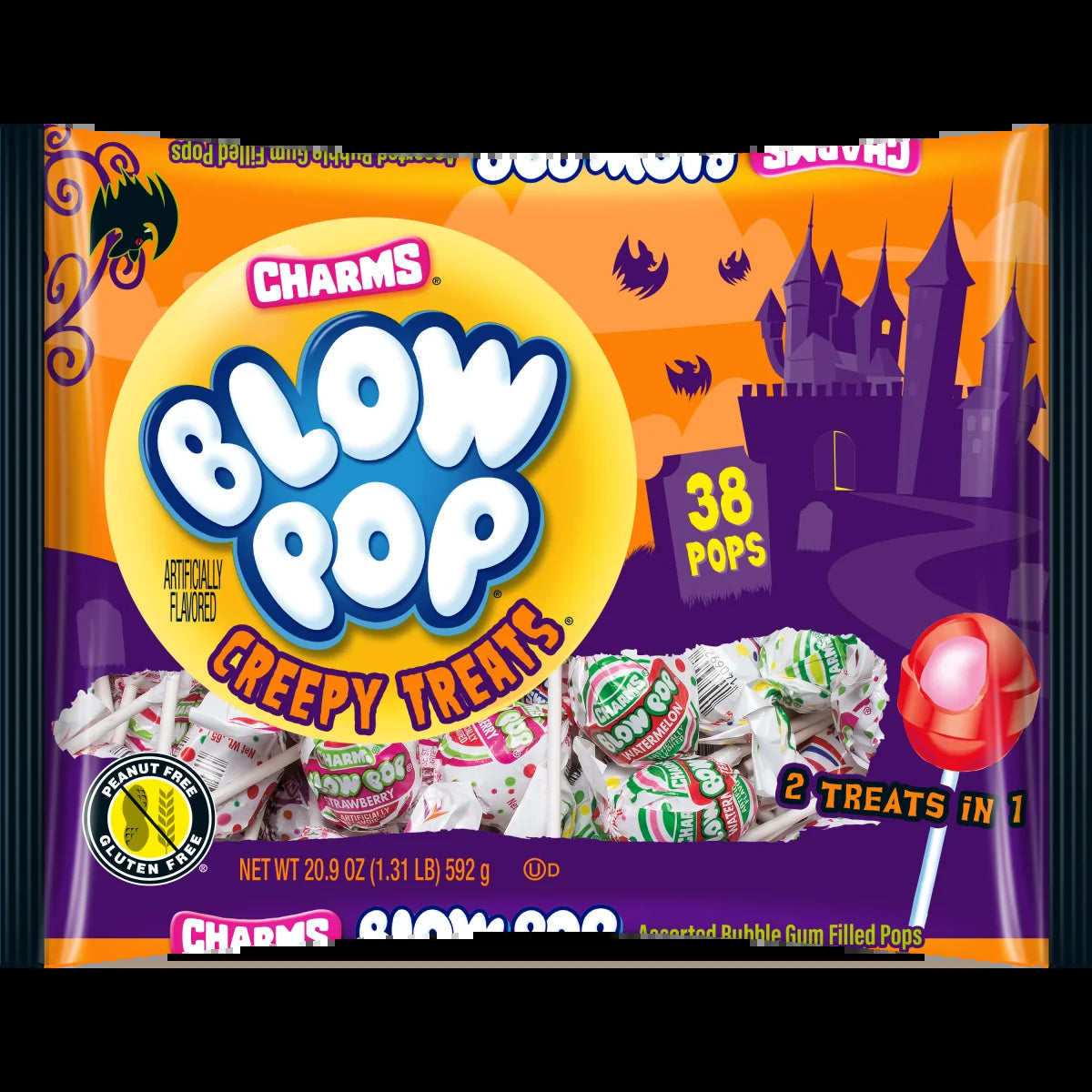 Charms Blow Pop, Halloween, Bubble Filled Gum Lollipops, 20.9 Oz, 38 Piece Bag. Milk & Soy May Be Present.