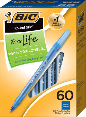 BIC round Stic Xtra Life Ball Pen, Medium Point (1.0 Mm), Blue, 60-Count