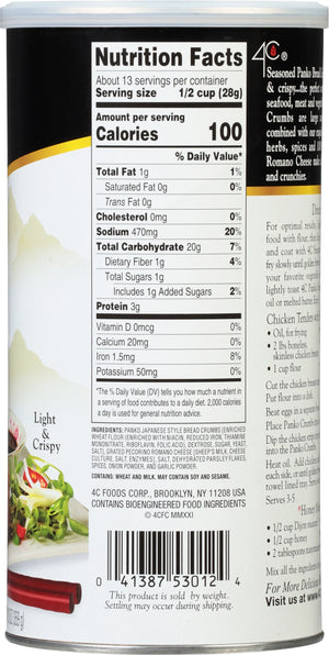 4C® Japanese Style Seasoned Panko Bread Crumbs 13 Oz. Canister Serving Size: 1/2 Cup (28G) Servings per Container: about 13