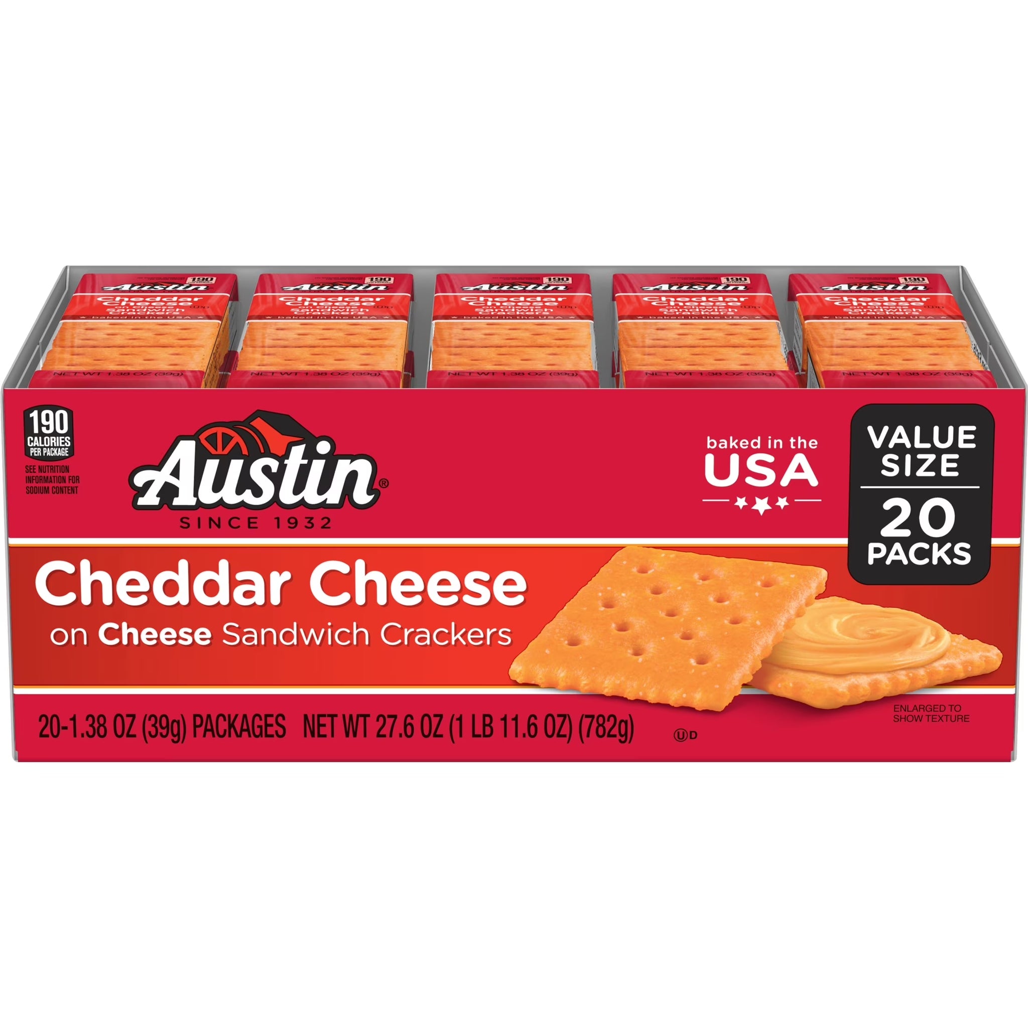 Austin 20CT Cheddar Cheese on Cheese Sandwich Crackers, Single Serve Snack Crackers, 20 Count