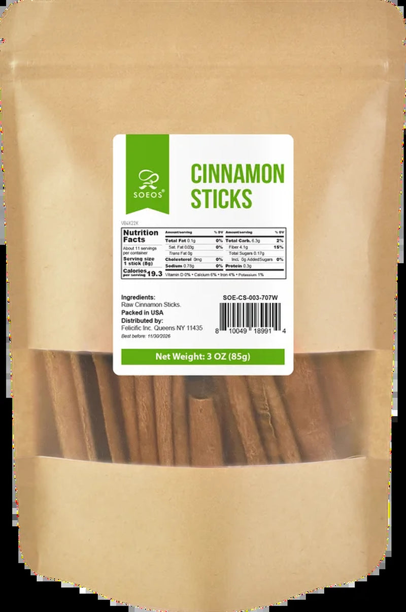 Soeos Cinnamon Sticks, 3 Oz (85G), Small Kraft Bag
