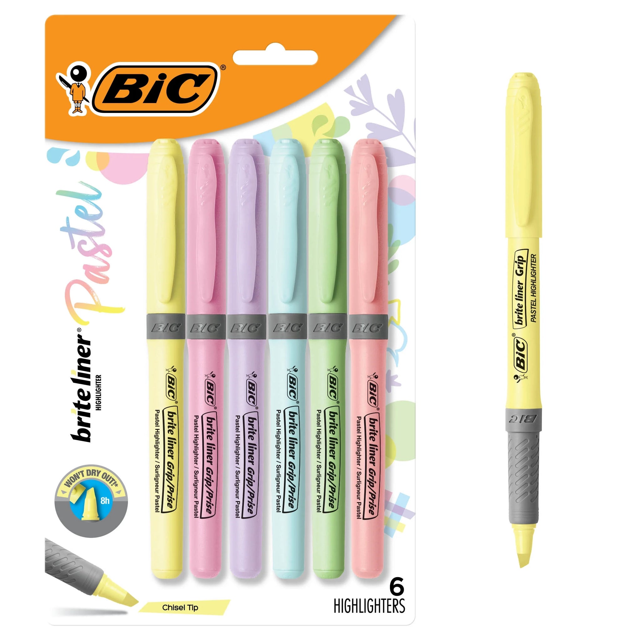 BIC Brite Liner Highlighter, Chisel Point, Assorted Pastel Colors, 6 Count
