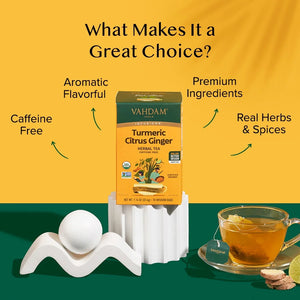 VAHDAM, Organic Turmeric Citrus Ginger Herbal Tea Bags (18 Count) Eco-Friendly Tea Bags