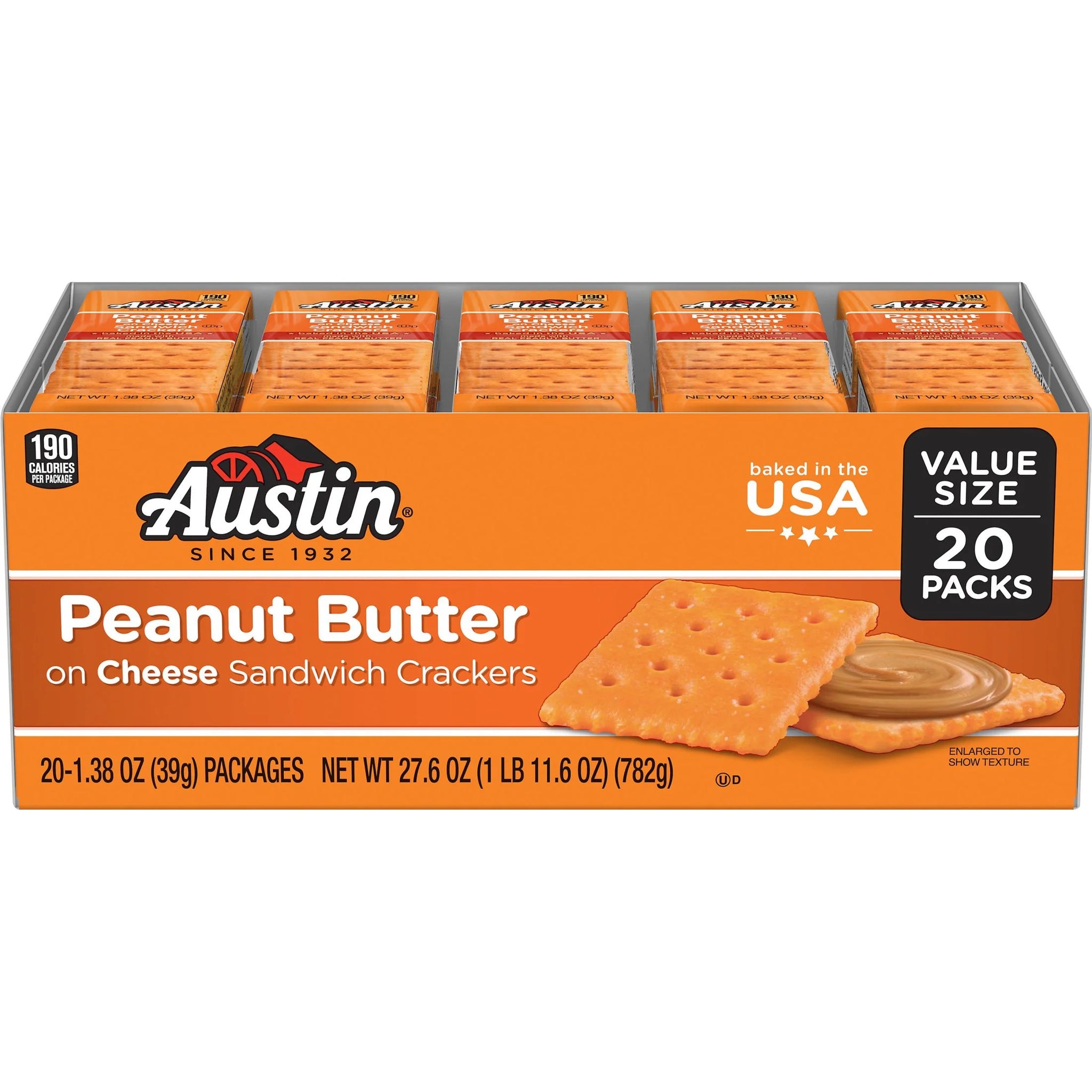 Austin 20CT Peanut Butter on Cheese Sandwich Crackers, Single Serve Snack Crackers, 20 Count