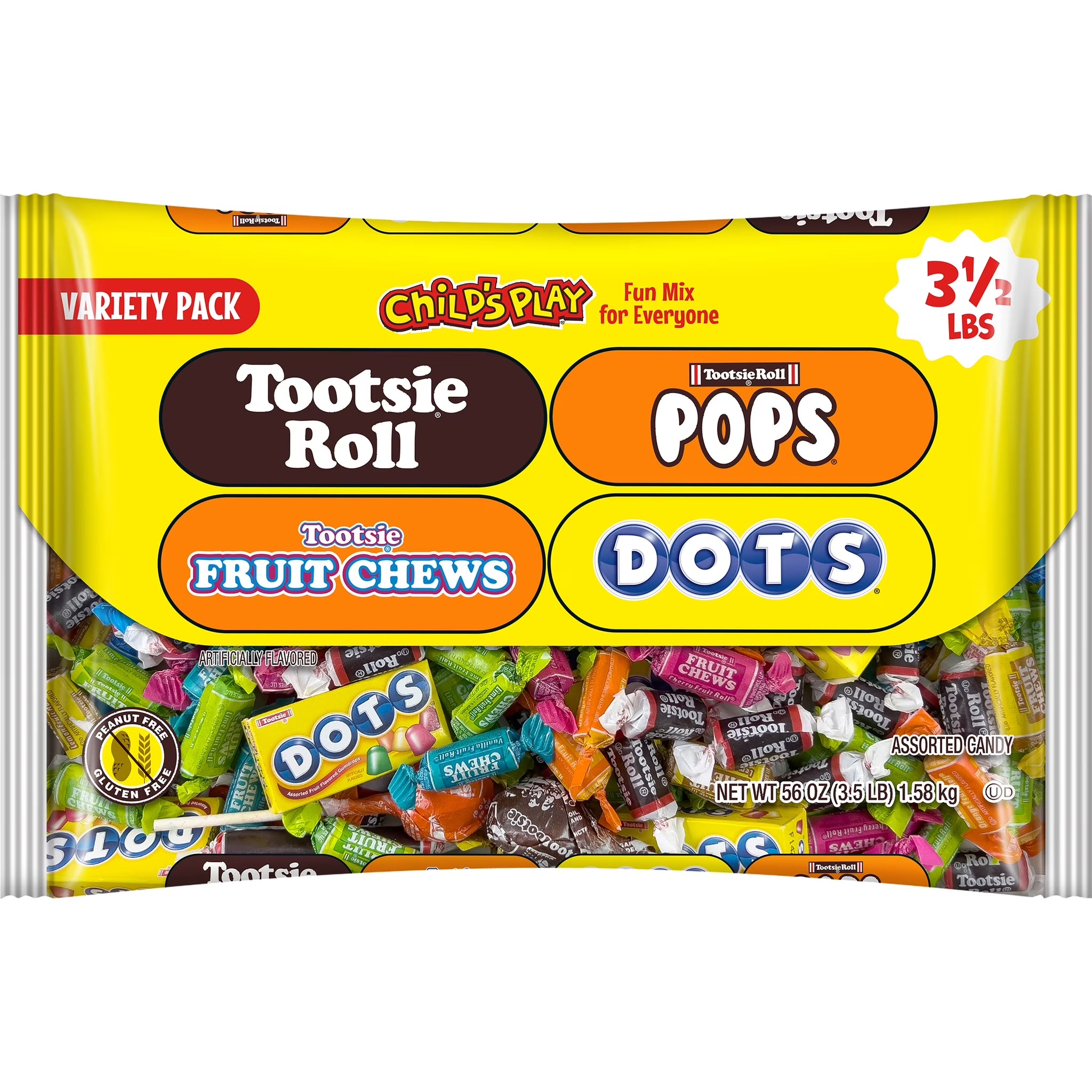 Tootsie Child'S Play, Assorted Candy, 56 Oz. Individually Wrapped, Peanut Free, Gluten Free, Contains Milk.
