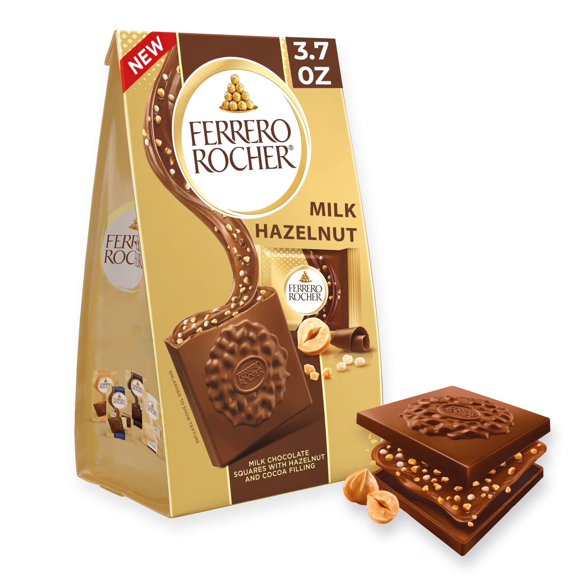 Ferrero Rocher Premium Milk Hazelnut Chocolate Squares, Individually Wrapped Chocolates, Great for Sharing or Gifting, 3.7 Oz