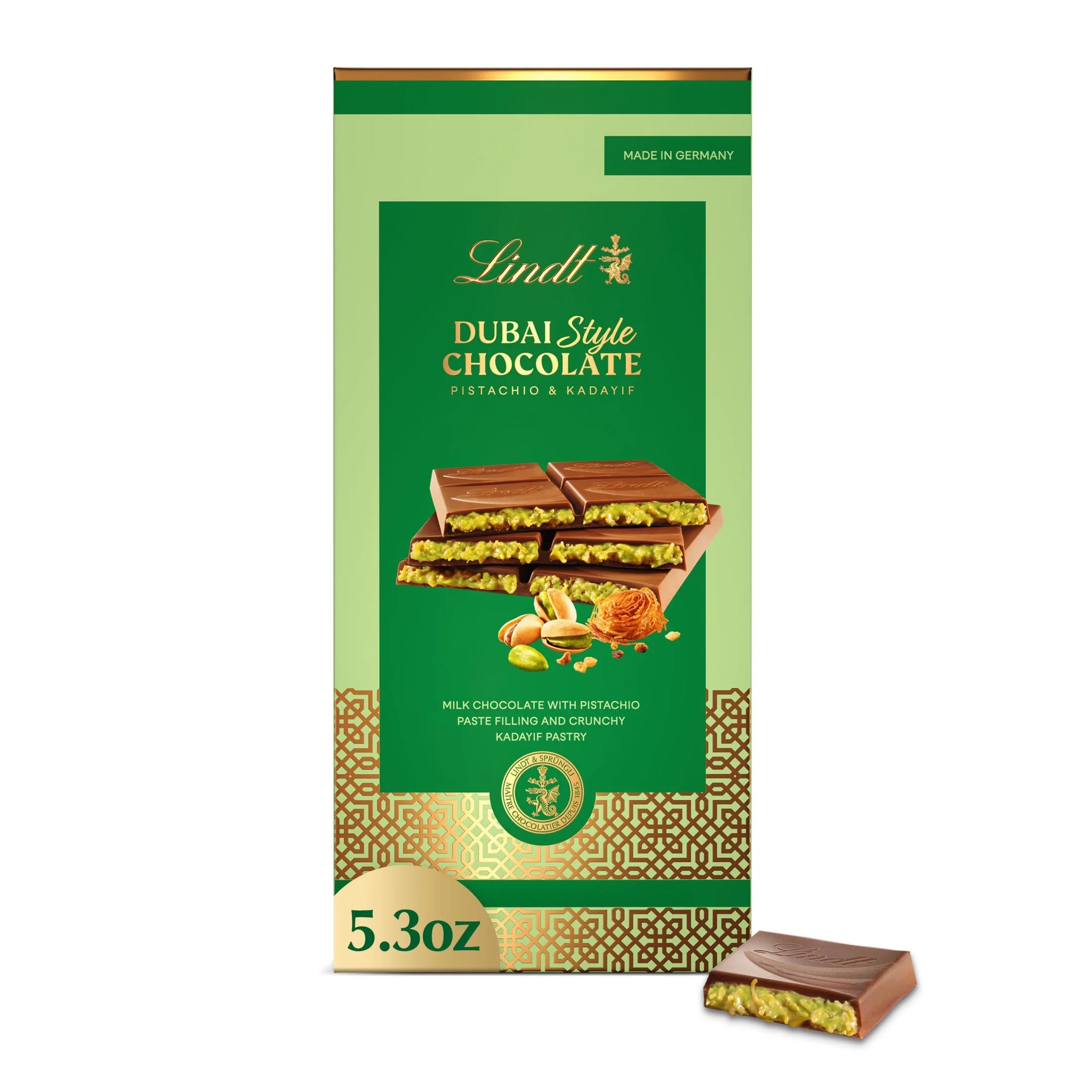 Lindt Dubai Style Milk Chocolate Candy with Pistachio & Kadayif, 5.3 Oz. Bar