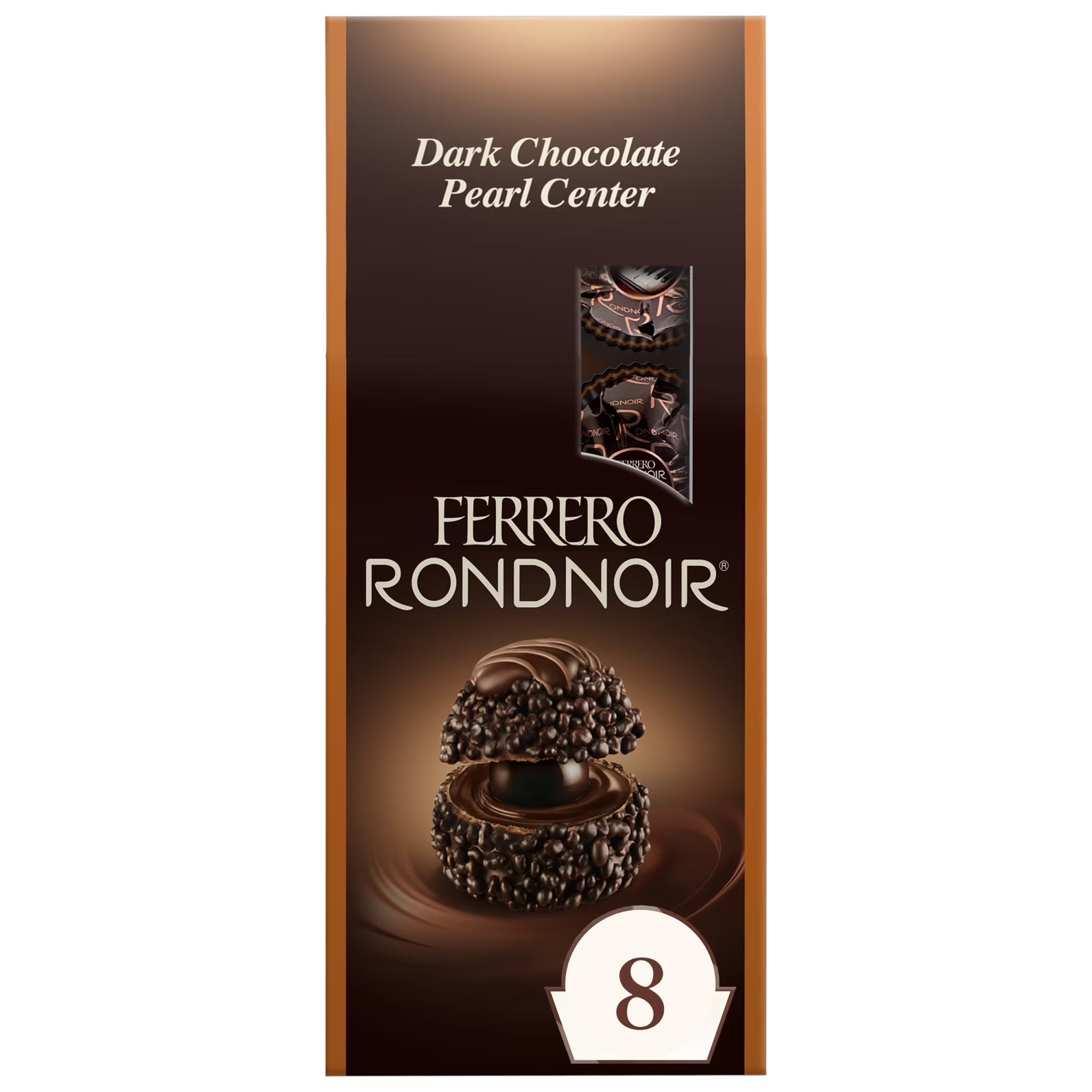 Ferrero Rondnoir Premium Gourmet Dark Chocolate, 8 Count, Individually Wrapped Candy for Gifting, Stand-Up Bag, 2.7 Oz