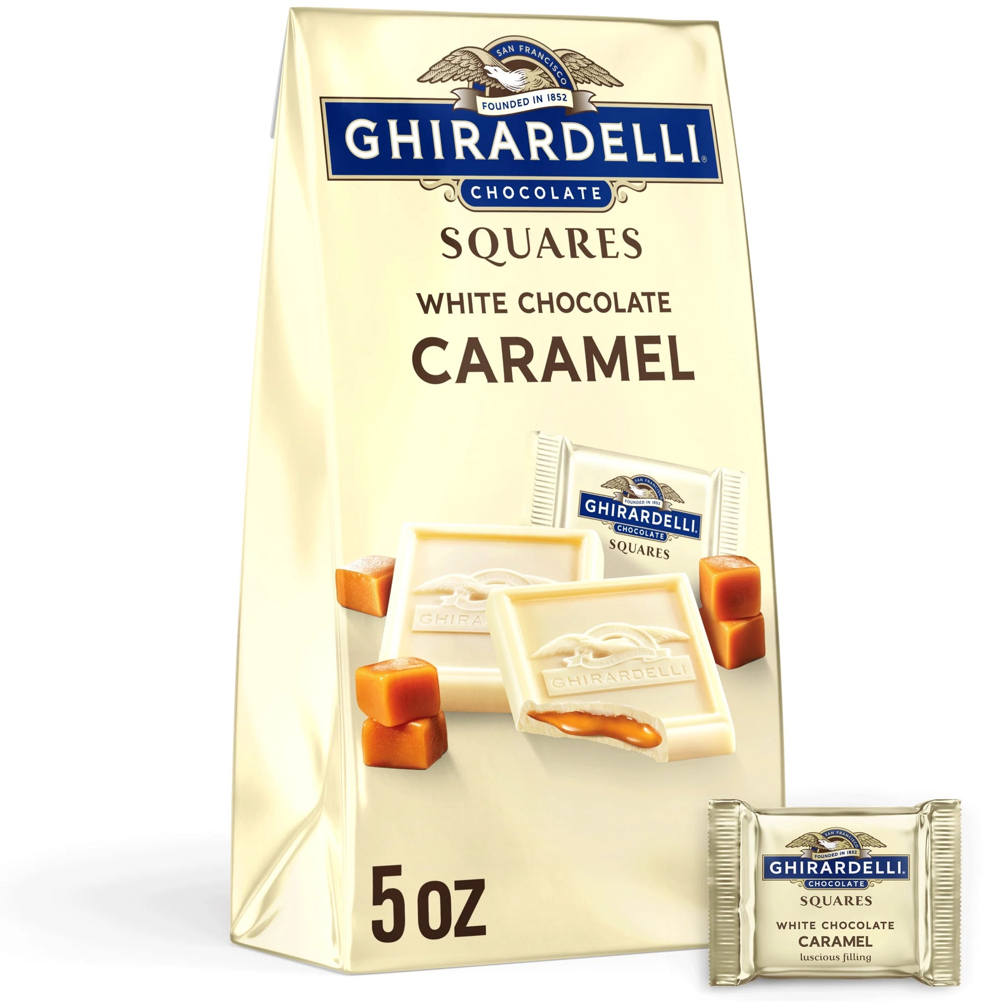 GHIRARDELLI White Chocolate Candy SQUARES with Caramel Filling, 5 Oz Bag